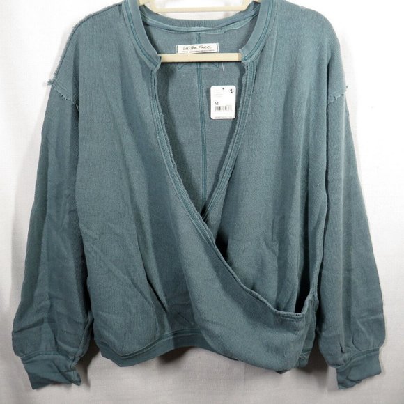 Free People Deep Teal Cotton blend Drapey Long Sleeve Wrap Front Sweater Size M - Picture 2 of 10
